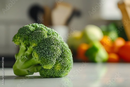 Broccoli floret on a countertop with other vegetables in the background.