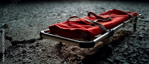 A medical stretcher with a bright red cover placed on cracked, dark terrain, evoking a sense of urgency and seriousness.