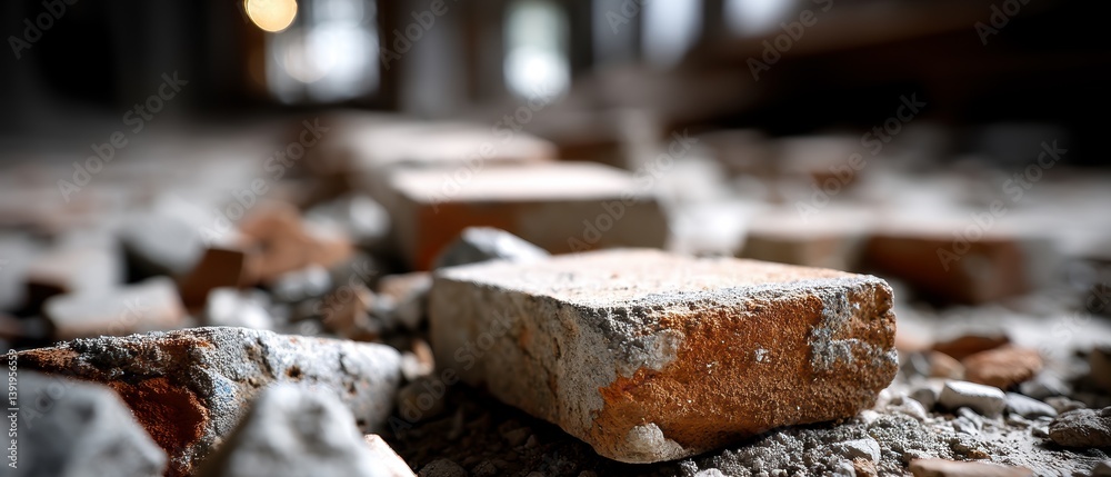 A close-up view of scattered bricks and debris on the ground, showcasing texture and details in a dimly lit environment, suggesting construction or demolition