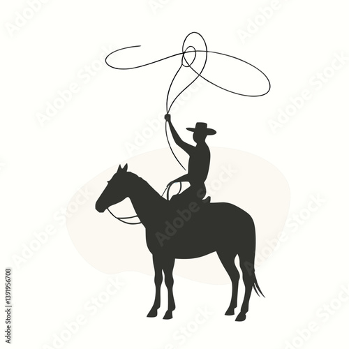 A black vector silhouette of a cowboy standing on a horse, twirling a lasso above his head