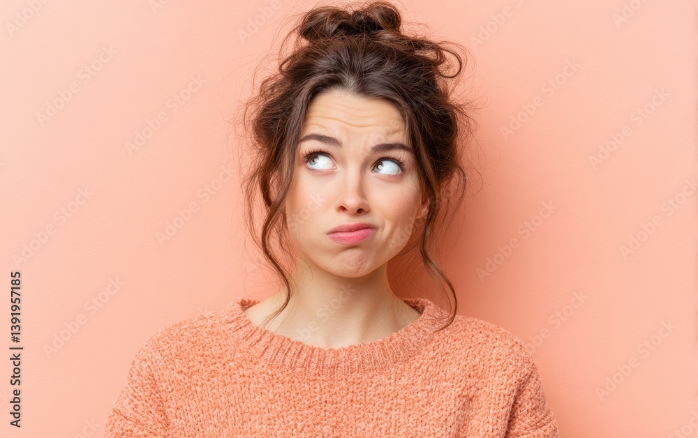 A young woman with confused expression, looking sideways, pastel peach background A young woman with confused expression, looking sideways, pastel peach background