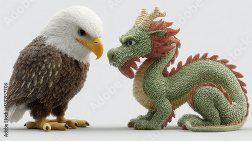 Confrontation, business competition, trade - between two superpowers, dragon and eagle, showcasing their unique features and textures, creating whimsical and imaginative scene