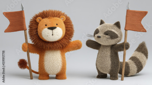 Cute lion and raccoon characters holding flags, showcasing playful and friendly atmosphere. Perfect for children themes and illustrations