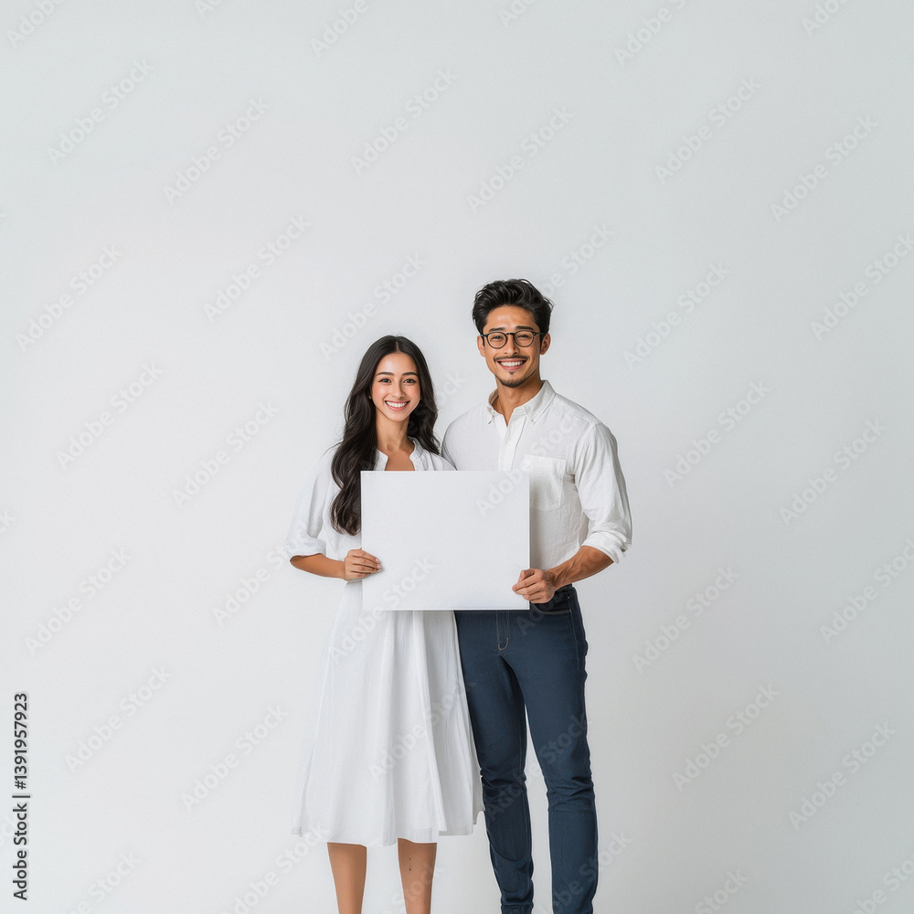young indian couple holding a white cardboard young indian couple holding a white cardboard