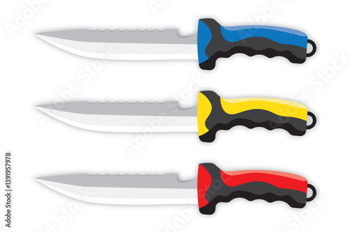 Set of diving knives with colored handles for underwater use.