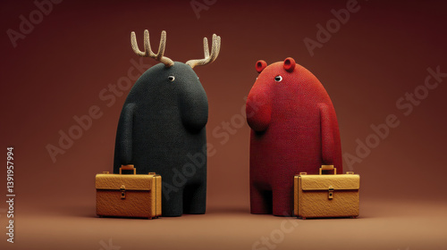 Two whimsical characters, one resembling moose and other bear, stand facing each other with briefcases, evoking playful and imaginative scene