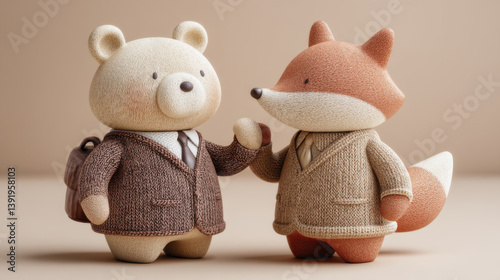 Cute bear and fox characters in business attire, showcasing friendship and teamwork in whimsical style