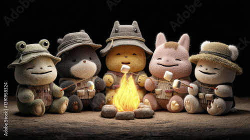 Cute plush characters gathered around campfire, roasting marshmallows, creating warm and joyful atmosphere