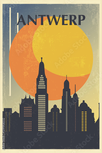 Antwerp retro city poster with shapes of skyline, buildings. Belgium vintage travel vector illustration, townscape at sunrise, sunset