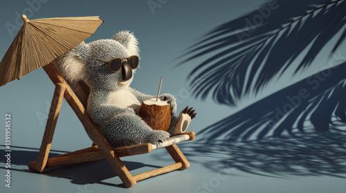 Relaxing koala wearing sunglasses enjoys coconut drink under beach umbrella, casting playful shadows on serene background