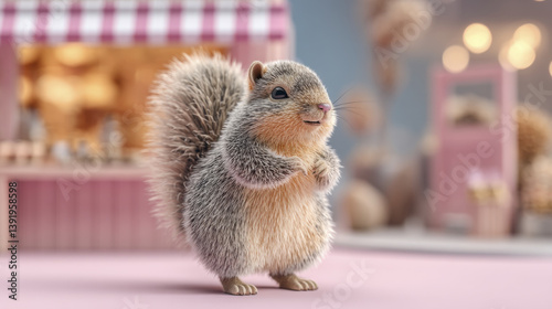 cute and fluffy squirrel stands on its hind legs, showcasing its bushy tail and soft fur, with charming expression in whimsical setting