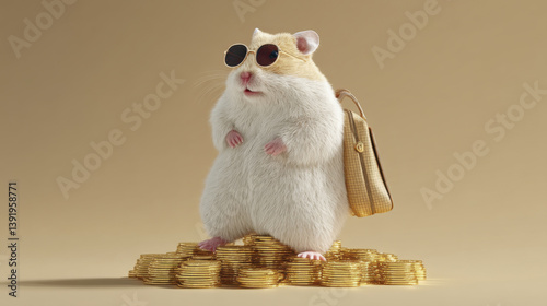 stylish hamster wearing sunglasses stands confidently on pile of gold coins, exuding sense of wealth and charm
