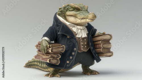 whimsical anthropomorphic crocodile character dressed in formal suit, holding stacks of books, exuding scholarly vibe