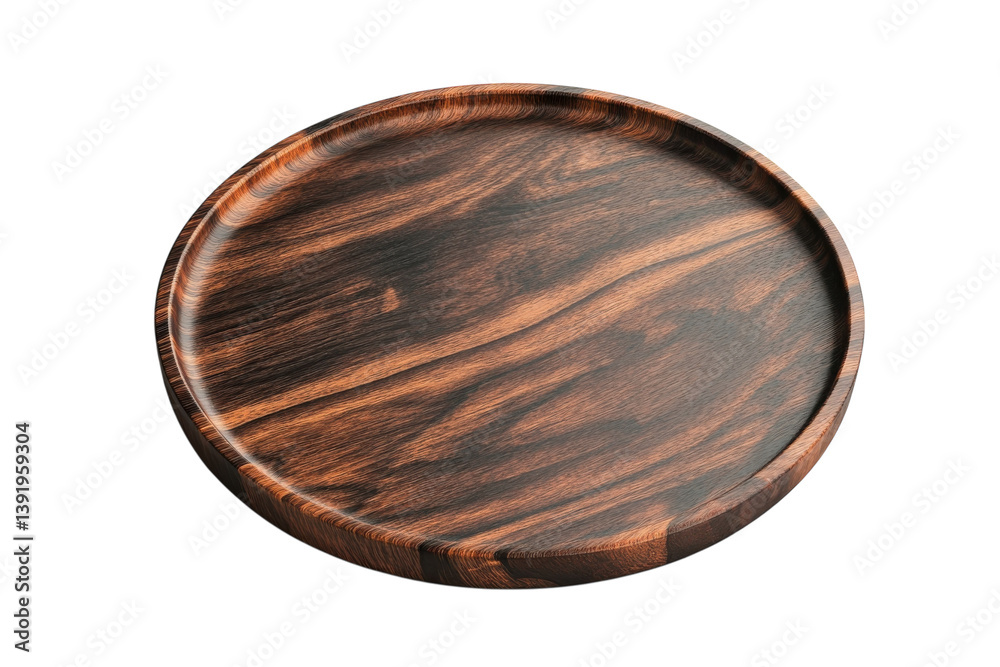 Rich dark wood round serving tray elegant rustic design perfect for home decor or stylish serving isolated on transparent background Rich dark wood round serving tray elegant rustic design perfect for home decor or stylish serving isolated on transparent background