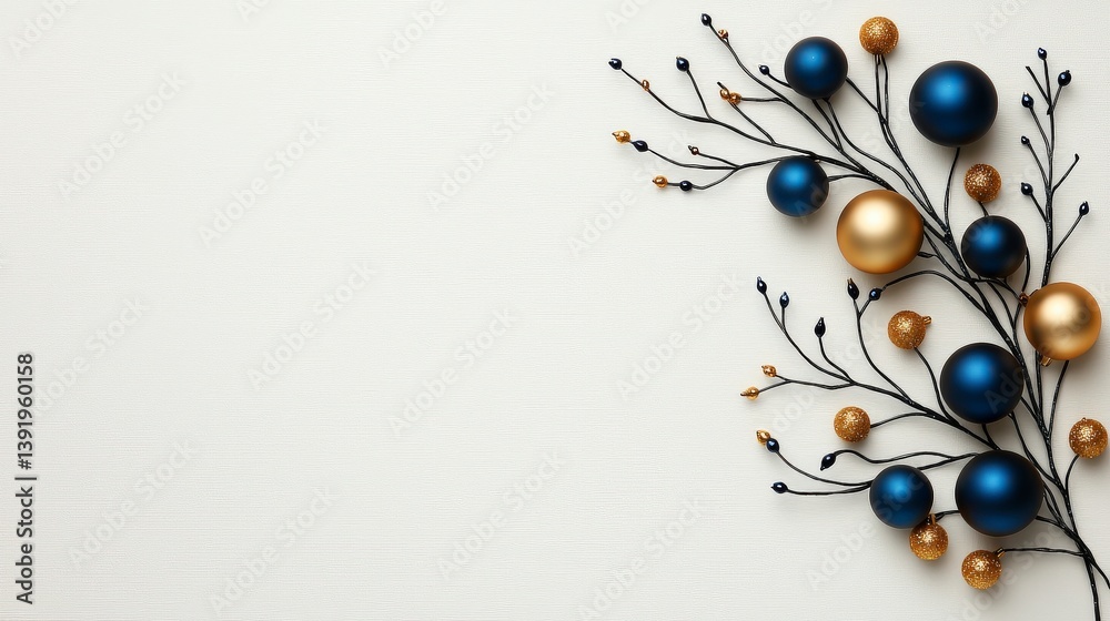 Fototapeta premium Elegant Blue and Gold Christmas Ornament Arrangement on Neutral Background for Holiday Decor Inspiration