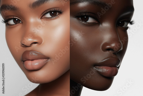 Close-up of two women with flawless brown and dark skin tones showcasing natural beauty and smooth complexion