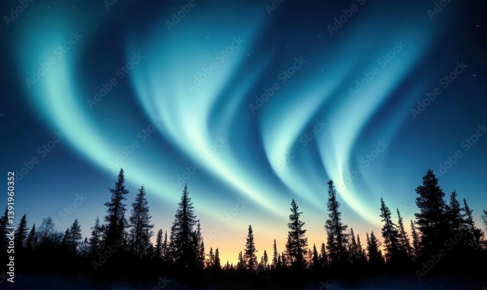 Vibrant aurora borealis dances across the night sky above a dark silhouette of pine trees. Vibrant aurora borealis dances across the night sky above a dark silhouette of pine trees.