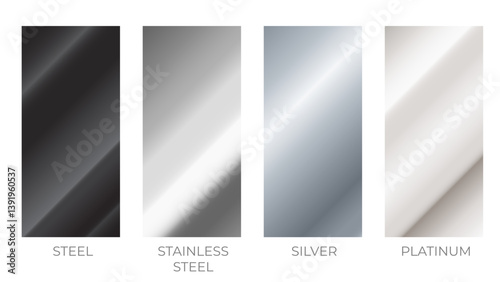 Stainless steel, silver and platinum texture gradation swatch set. Vector aluminum elegant, shiny and metalic gradient template for border design, frame, ribbon, label. Titanium, iron metal background