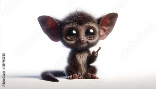 A 3D baby aye-aye with scruffy fur and large glowing eyes sitting peacefully on a white background