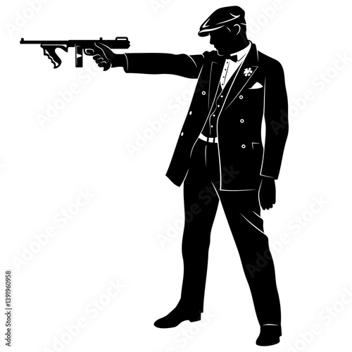 Silhouette of Gangster Shooting a Tommy-Gun. Vector clipart isolated on white.