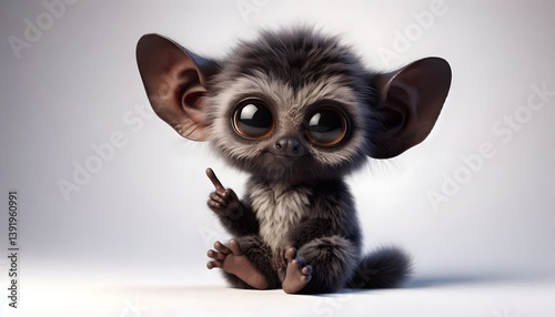 A cute stylized baby aye-aye in 3D with large ears and extended finger on an isolated white background