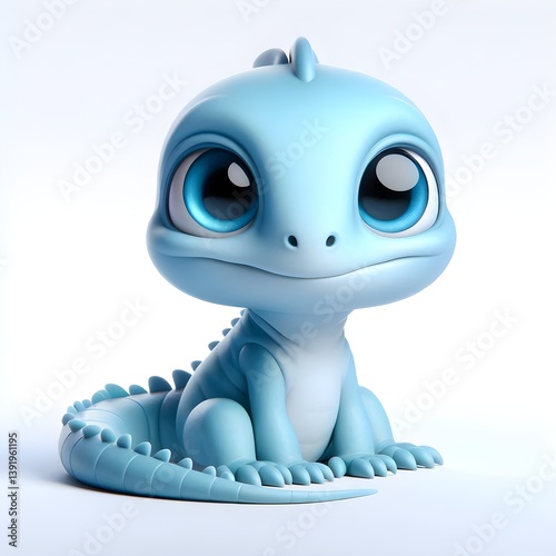 A 3D baby blue iguana with smooth scales and big round eyes sitting gently on a clean white background