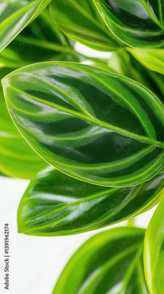 Fototapeta premium A close-up reveals the intricate details of vibrant green leaves from a dense rubber fig tree showcasing its glossy texture and prominent veins creating a lush and tropical
