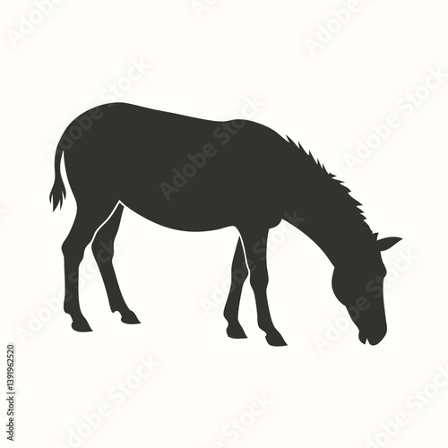 A black vector silhouette of a grazing donkey 