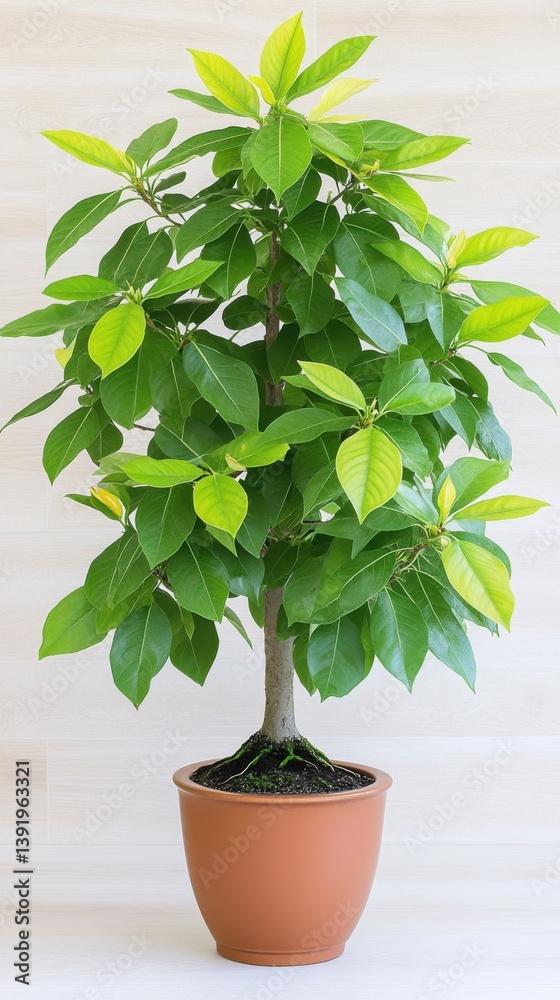 Obraz premium A vibrant green bonsai tree, meticulously cultivated and thriving in its terracotta pot, showcases the art of miniature landscaping and the beauty of nature's patience in a serene