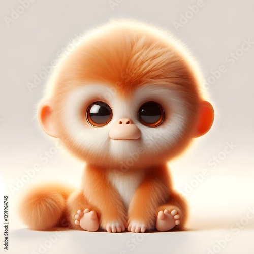A soft 3D-style snub-nosed monkey baby with upturned nose and sweet expression isolated on white