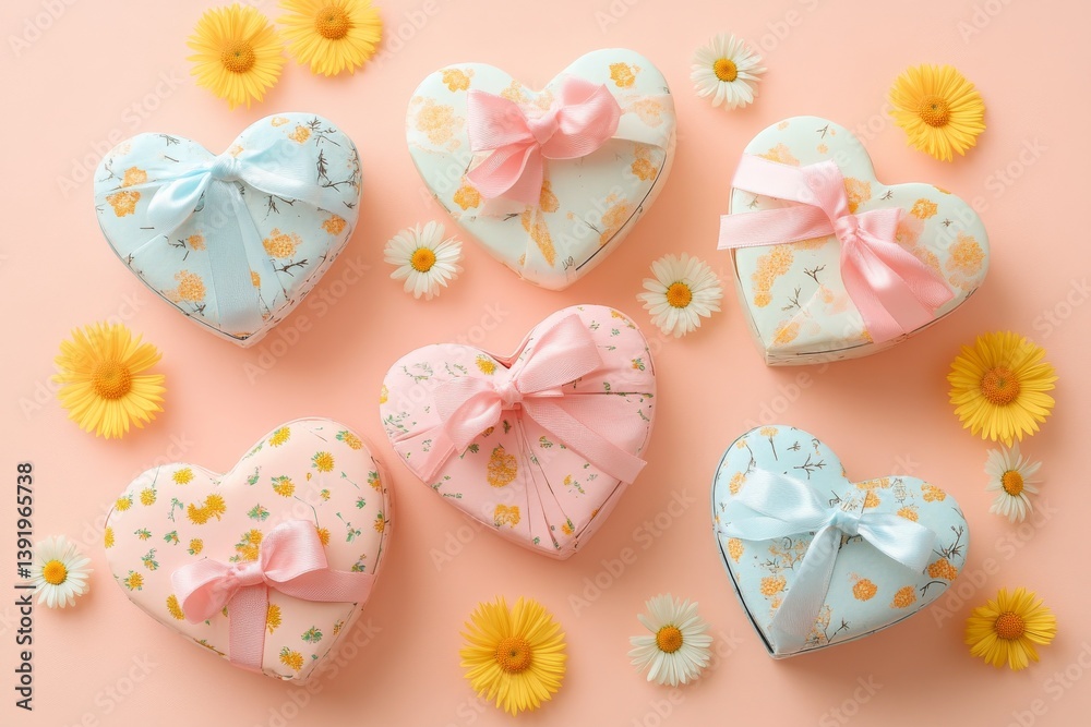 A flat lay composition of colorful gift boxes with pink ribbons and daisies on a pastel peach background, top view.