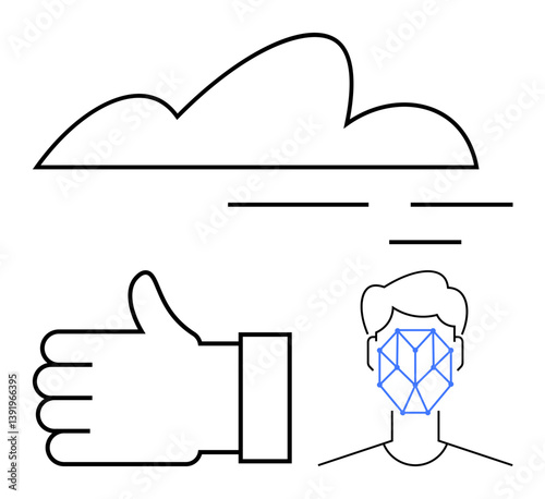 Geometric face scan linked to a cloud element and a thumbs-up symbolizing AI, data security, and approval. Ideal for technology, biometrics, machine learning, privacy, cloud computing, innovation