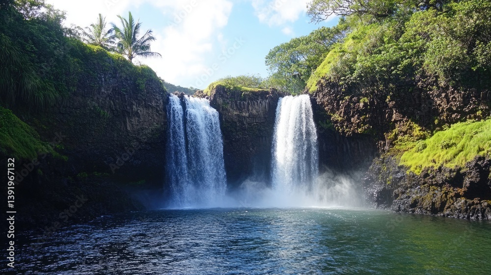 Fototapeta premium Majestic twin waterfalls plunging into a serene pool surrounded by lush cliffs