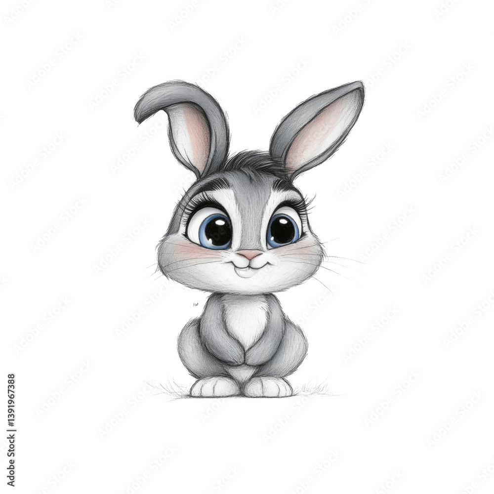 Fototapeta premium Adorable Gray Bunny Rabbit with Big Eyes - Cute Cartoon Illustration