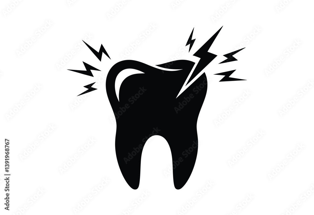 Obraz premium Toothache Icon Black Painful Tooth Symbol with Lightning Graphic