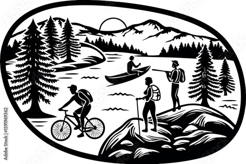 Outdoor adventure activities by the lake at sunrise with cyclists, hikers, and canoeists enjoying nature