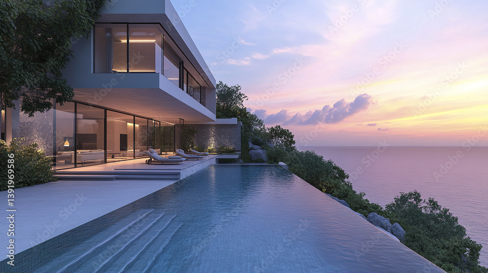 Fototapeta premium Modern villa with infinity pool overlooking ocean at sunset