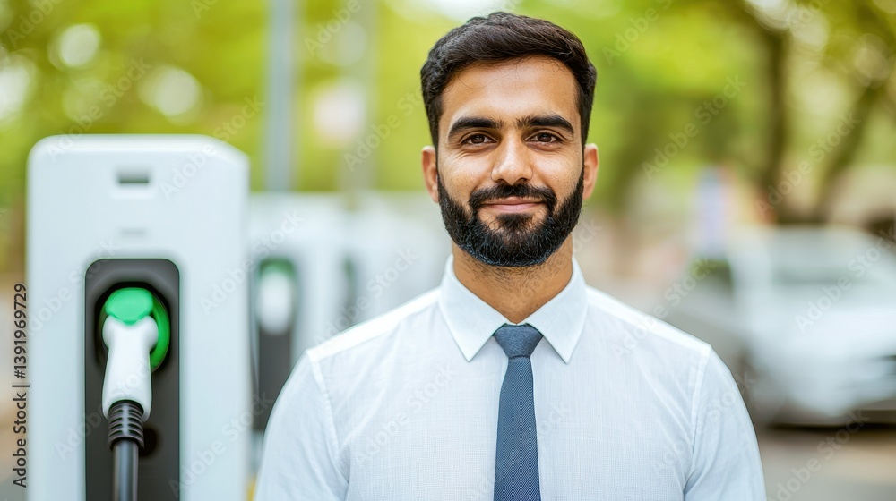 Naklejka premium Confident businessman smiling near electric car charging station Sustainable transportation and renewable energy concept