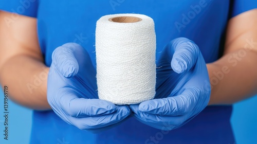 A healthcare worker in blue gloves holds a roll of medical thread against a light blue background, symbolizing professionalism.