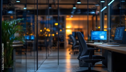 Modern office interior with desks chairs computers and glass walls at night.