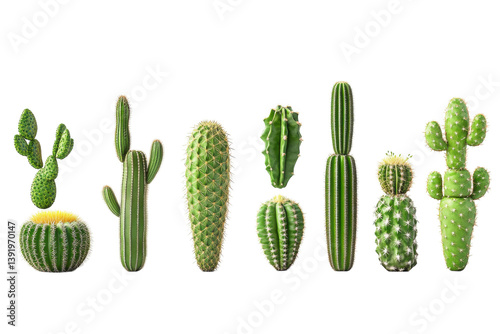 Diverse cacti collection showcasing various shapes sizes textures against a bright white background isolated on transparent background