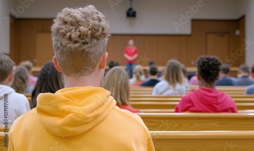 A young person attentively listens to a speaker in a classroom setting, showcasing engagement and learning in a group environment.