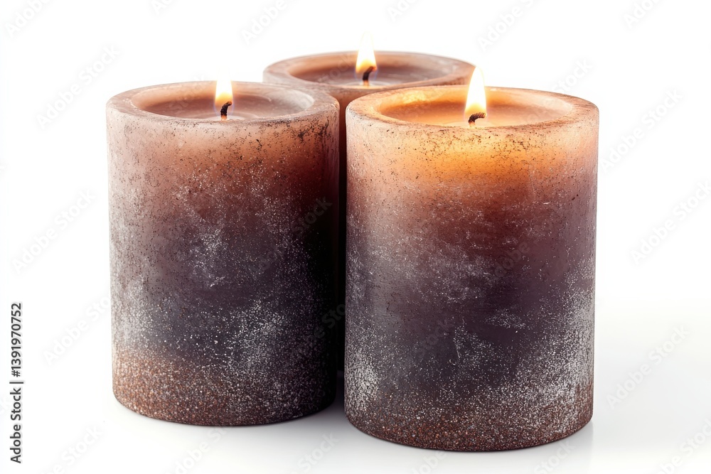 Three rustic brown candles burning brightly creating a warm and inviting ambiance Soft light white isolated on transparent background Three rustic brown candles burning brightly creating a warm and inviting ambiance Soft light white isolated on transparent background