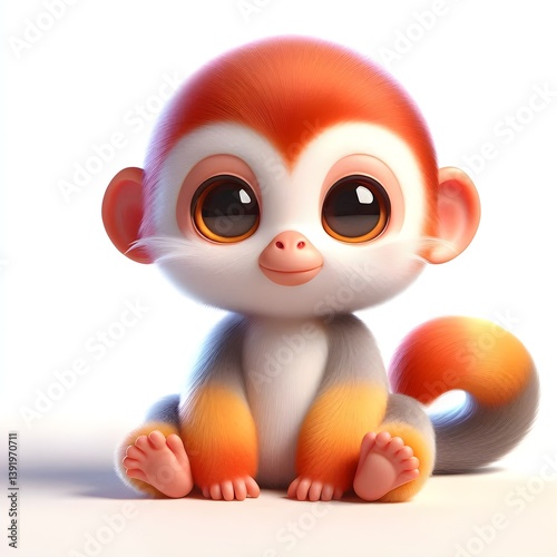 A 3D baby red-shanked douc langur with colorful fur and white face sitting cutely on white background