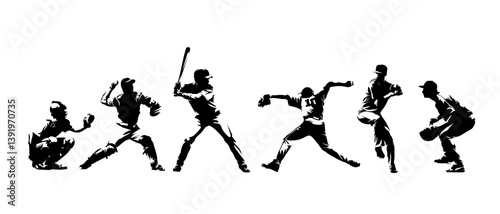 Baseball players at different positions, group of baseball players, isolated vector silhouettes, team sports high contrast illustrations