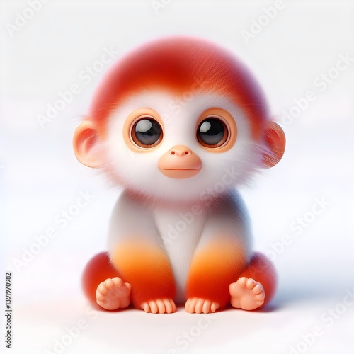 A colorful 3D-style baby douc langur with orange legs and soft expression on white background