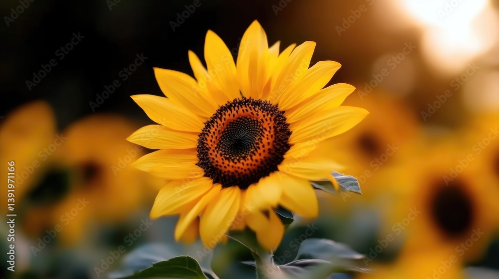 Fototapeta premium Vibrant sunflower in a field at sunset