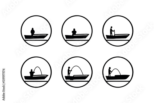 Illustrations depicting various fishing activities on boats in a calm water environment during daylight