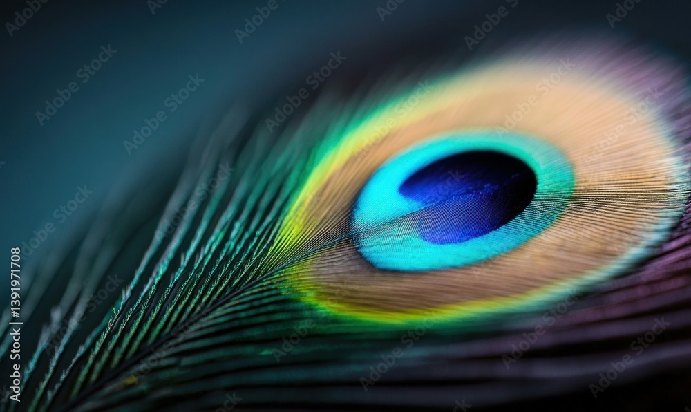 Fototapeta premium A vibrant macro shot reveals the dazzling iridescence and intricate details of a peacock feather.
