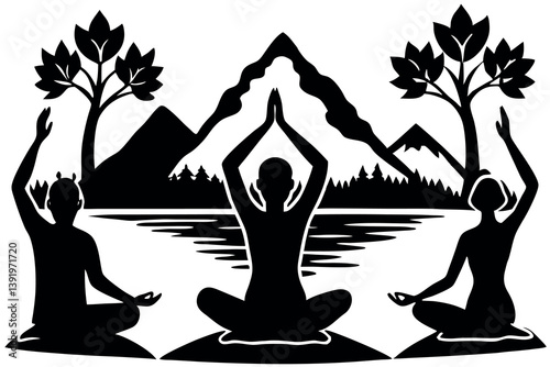 Meditation practice by a serene lake surrounded by mountains and trees during sunset with three individuals in yoga poses